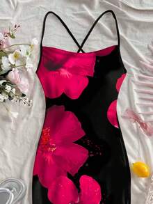 Soleia 女士印花修身吊带侧开衩连衣裙，度假风 - 玫紅色 - 查看 4