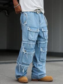 PAVTROS 复古男士街头风多口袋浅蓝色牛仔裤 - 藍色 - 查看 5