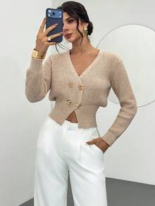 Firerie Casual Women Grey V Neck Rib-Knit Pullover Loose Sweater With Long Drop Shoulder Sleeves - Grey - View 8