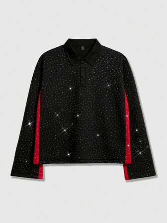Street Life Polo à manches longues pour hommes, col contrasté avec ornements de strass, style décontracté