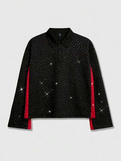 Street Life Polo à manches longues pour hommes, col contrasté avec ornements de strass, style décontracté