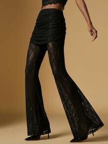 Briarwyn Winter Women's Fashionable Elegant Party Lace Semi-Sheer Flare Pants Suitable For Evening Date, Party,Holiday Night Out,Romantic Date, Gathering,New Year,Old Money Style - Black - View 1