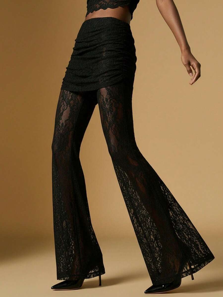 Briarwyn Winter Women's Fashionable Elegant Party Lace Semi-Sheer Flare Pants Suitable For Evening Date, Party,Holiday Night Out,Romantic Date, Gathering,New Year,Old Money Style - Black - View 1