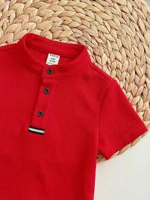Baby Boy Red Round Neck Short Sleeve Tee Regular Sleeve Semi Sheer Polyester Graphic Everyday Casual Button Front Top - Red - View 5