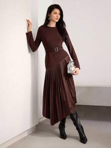 Heiryn Vestido plisado de patchwork que estiliza la cintura, al estilo coreano, para uso diario en otoño/invierno - Café integral - Ver 2