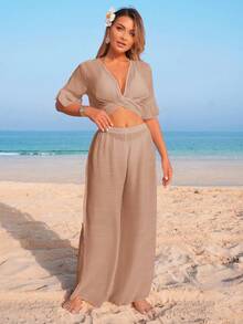 Swim Vcay 露背系带短款上衣和阔腿裤套装，优雅性感V领荷叶袖度假沙滩装 - 卡其色 - 查看 4