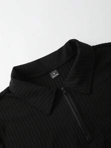 Manfinity Homme Men's Elegant Black Ribbed Fabric Short Sleeve Zip-Up Polo Shirt And Drawstring Elastic Waist Shorts 2-Piece Set, Suitable For Dates, Casual Vacations, Dining, Office, Business, Popular Spring/Summer Style, Great For Self-Wear Or Gift - Black - View 6
