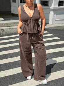 Muchica 大码女式棕色荷叶边吊带背心和裤子休闲两件套 - 棕色 - 查看 6