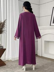 SHEIN Teen Girls' Embroidered Purple Long Sleeve Dress,Elegant Autumn Modest Arabic Jalabiya Abaya - Purple - View 2
