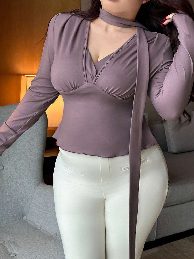 Dazy Plus Elastic Fitted Deep V-Neck Tie Front Long Sleeve Cropped Purple T-Shirt
