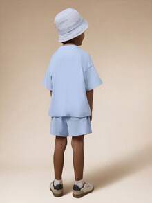 SUMWON Boys Sweatshirt And Shorts Coordinated Two Piece Set With Logo Detail Crew Neck Short Sleeve Summer Outfit Casual - Blue - View 2