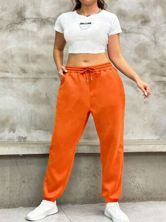 Almamuse Plus Size Women's Casual Sweatpants, Warm Color Loose Fit Pants Suitable For Autumn/Winter, Daily Wear, Sports, Street Photography, Back To School, Teacher's Day, Simple, Home, Office