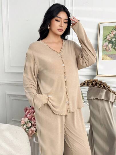 Dazy Plus 大码女式休闲宽松长袖上衣和直筒裤睡衣套装，春夏秋季