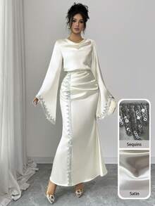 Modelyn 优雅杏色袖口饰有花卉蕾丝下摆的女式连衣裙 - 淡黃色 - 查看 7