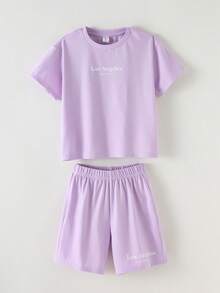 Set de 2 piezas de camiseta de manga corta con cuello redondo holgada y estampado de letras, y shorts holgados para niña joven en color morado - Púrpura malva - Ver 8