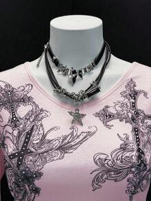 EgrlEra Cross Print V-Neck Thin Long Sleeve T-Shirt, Punk Style - Pink - View 3