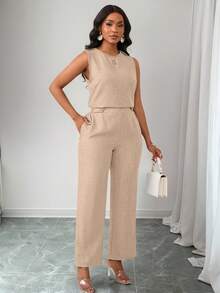 女士两件套服装 - 卡其色 - 查看 4