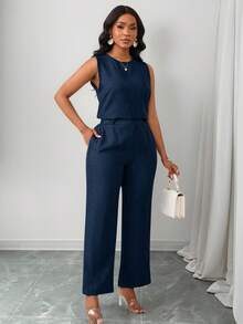 Conjunto de 2 Piezas Top Sin Mangas Elegante Y Casual, Y Pantalón Largo Con Bolsillo Diagonal Y Detalles De Botones Para Mujer - Azul Marino - Ver 5