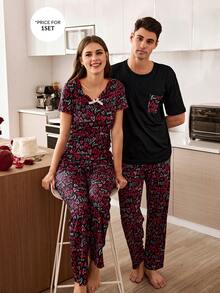 CoupledUp Men's Letter & Heart Print Short Sleeve Pajama Set - Black - View 3