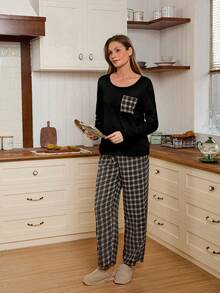 Doze Lane 经典格子圆领长袖长裤女士休闲睡衣套装 - 黑色 - 查看 6