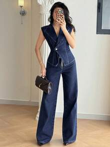 Modelyn Dammode Crossover Wrap Ärmlös Denim Jumpsuit - Mörktvätt - Visa 6