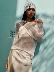 Opulessa Fashionable Light Apricot Thin Beaded Crew Neck Long Sleeve Sweater - Apricot - View 5