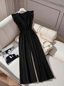 GlowEve CURVE Plus Size Solid Color Cap Sleeve Ruffle Hem Wrap Waist Loose Jumpsuit - Black - View 1