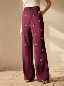 Anewsta Women's Fashion Minimalist Luxurious Rhinestone Embellished Slim-Fit Flared Dress Pants, Evening Dress, Festival - Burgundy - View 5