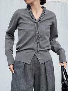 FRIFUL Pulover tricotat pentru femei, culoare solidă, cu decolteu în V, cu volane, mânecă lungă și legături în față