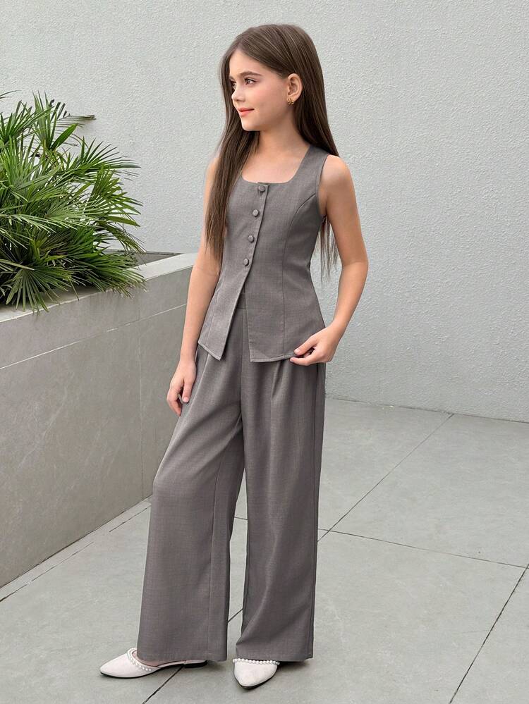 Firerie Kids 少女灰色束腰两件套 - 衬衫吊带衫和宽松长裤，休闲日常通勤百搭时尚套装，适合姐妹合照拍摄 - 灰色 - 查看 4