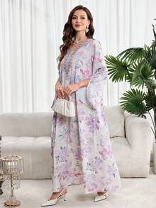 Al Najma Women's Floral Embroidery V-Neck Flare Sleeve Elegant Arabic Style Dress - Multicolor - View 4