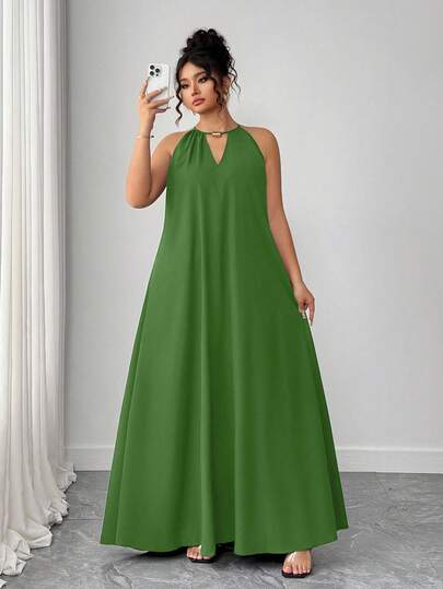 SHEIN Tall CURVE Nunca pasa de moda, Colección de elegancia extravagante (Vibes de Woe Is Me)(Estética del miércoles) Vestido casual holgado de halter negro tejido para mujeres de talla grande