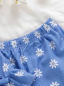 SHEIN Vintaside Kids 两件套女婴夏季时尚简约可爱套装，蓝白格纹上衣饰有蝴蝶结，搭配同款格纹长裤，适合户外、上学、旅行穿着。 - 藍色 - 查看 7