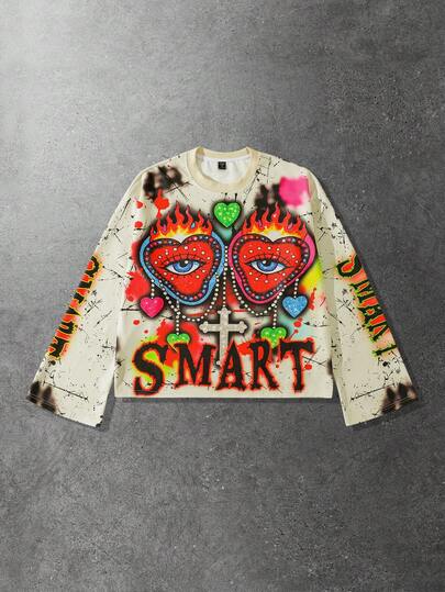 Camiseta de manga larga con estampado gráfico callejero para hombre, corte holgado