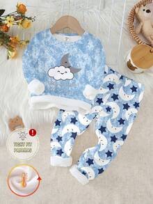 Bộ đồ ngủ 2 món cho bé gái dễ thương in hình mặt trăng và ngôi sao, lót nhiệt, co giãn, cổ cao tay dài và quần legging, mùa đông - Nhiều màu - Xem 8