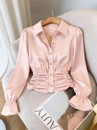 Franclia Women's New Spring/Summer Casual Vintage Style Elegant Romantic Mature Style Ladylike Commuting Outings Vacation Daily Wear Party Afternoon Party Pink Shirt Waist-Cinching Pleated Shirt Lantern Sleeve Shirt Pink Sheer Shirt Button-Decorated Shirt ANEWSTA Feel Shirt Birthday Outfit Valentine's Day Shirt Valentine's Day Top Weekend Party Outfit Party Outfit Pink Shirt