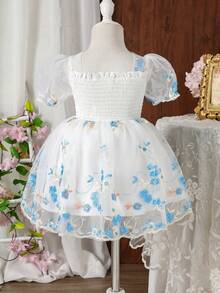 Souflis Souflis 女婴幼儿0-3岁春夏优雅公主风碎花网纱泡泡袖蓝色连衣裙 - 白色 - 查看 3