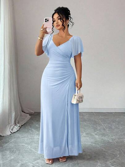 Elenzga Women's Lavender V-Neck Ruffle Sleeve Waist Pleated Slit Dress, Elegant Bridesmaid Dress For Wedding, Party