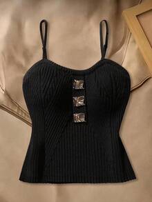 Girls' Knitted Sleeveless Vest,Black Autumn Elegant Party Corset Tops For Teens,Handmade Metal Buckle Twist Cord Ribbed Design Adjustable Camisole - Black - View 2