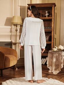 SHEIN Peter Pan Collar Cardigan Embroidered Contrast Lace Long Sleeve Pajama Set For Women - White - View 2