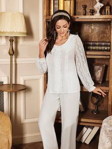 SHEIN Peter Pan Collar Cardigan Embroidered Contrast Lace Long Sleeve Pajama Set For Women - White - View 5