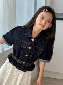 DAZY Young Girls Washed Casual Korean Style Retro Denim Blouse