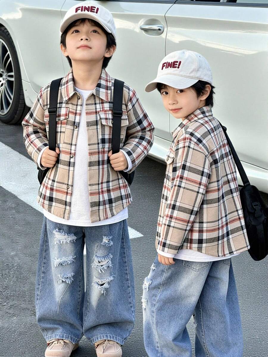 SHEIN Little Byeori 2pcs/Set Young Boys Plaid Shirt And Cool Street Style Side Pocket Denim Pants, Autumn/Winter - Khaki - View 1