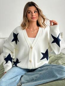 EURMUSE Women's Pentagram Jacquard Drop Shoulder Long Sleeve Casual Loose Knit Cardigan - White - View 1