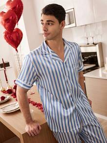 SHEIN 条纹印花撞色翻领男士家居服