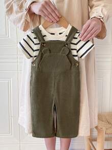 Set de 2 piezas para niños pequeños: Camiseta de manga corta de cuello redondo a rayas y pantalón peto de pana ajustable con oso, adecuado para ir y venir, la escuela, vacaciones, deportes, primavera/otoño, 6M-3T, ropa para niños, ropa para bebés, ropa para niños pequeños, camiseta para niños pequeños, peto para niños pequeños - Verde Oscuro - Ver 3