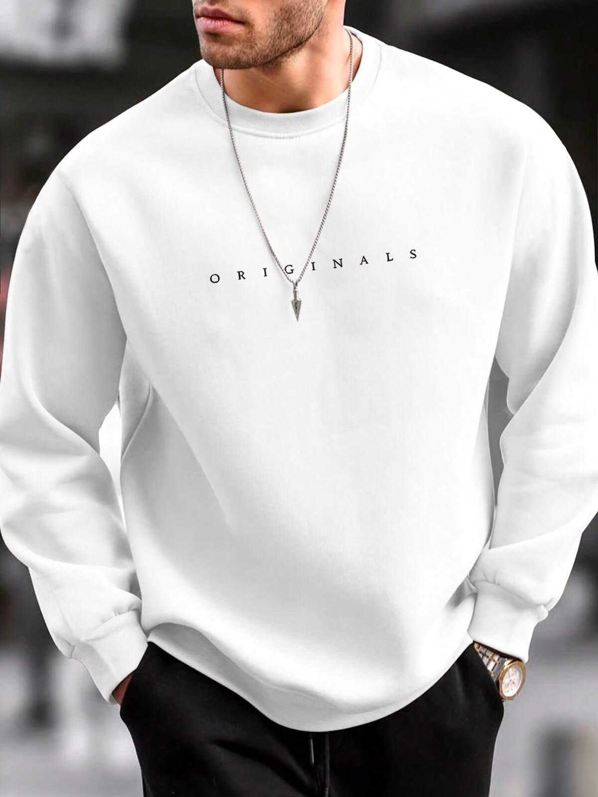 Manfinity Homme Sweat-shirt décontracté à col rond, manches longues, coupe ample avec imprimé lettres pour hommes, automne 11