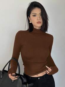 DAZY 女士露背紧身高领长袖T恤 Y2k - 棕色 - 查看 2