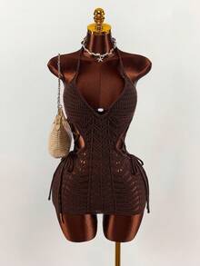 Amplova Women's Crochet Beaded Dress, Sexy And Avant-Garde, Suitable For Vacation Outfit, Sexy Hollow Boho Style - Brown - View 3
