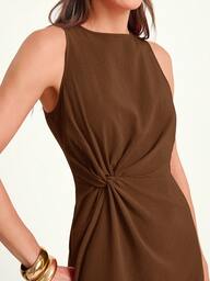 CAJUNI Solid Color Round Neck Sleeveless Twist Cutout Long Dress, Minimalist Fashion